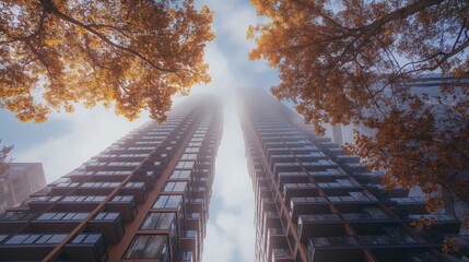 Wall Mural - Dramatic low-angle view of two high-rise buildings converging into the misty sky, framed by autumnal branches with orange leaves.