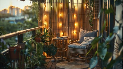 Sticker - A cozy small balcony with a table attached to the railing, two small chairs with cushions. Fairy lights draped along the railing. A wooden plant climber against the wall, lush with green plants.