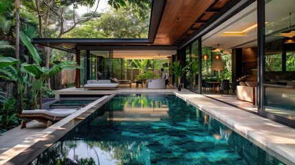 Wall Mural - Enter a world of tranquility where a stylish living space seamlessly transitions into a breathtaking pool oasis. With modern design and lush landscaping, 