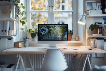 Leinwandbilder - A desk in minimalist home office. Generative AI.