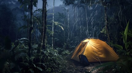 Wall Mural - A glowing tent in a dense rainforest at night illuminated by yellow light, with raindrops falling around it and a backpack placed nearby.