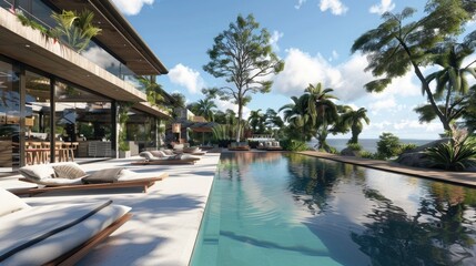 Wall Mural - Experience the beauty of nature and modern design in this tranquil paradise featuring a stylish living space and breathtaking pool. 