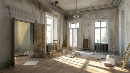 Canvas Print - An interior of a room under renovation with painting equipment, ladders, and scattered items on a wooden floor. Sunlight streams through the windows.