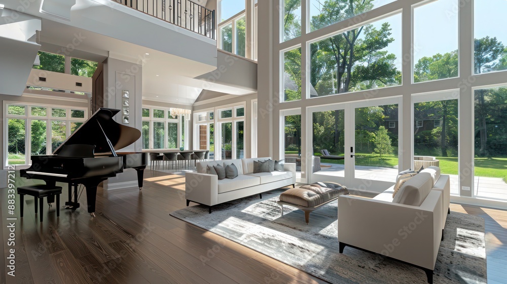 Colonial home's spacious living room with a grand piano and double ...