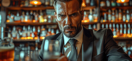 Canvas Print - A man with small beard slicked angry wearing a suit in a high end bar. Generative AI.