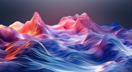 Poster - 3D render of an abstract landscape with surreal mountains, fluid hills, and triangular melting valleys, dark background, gradient colors. Generative AI.