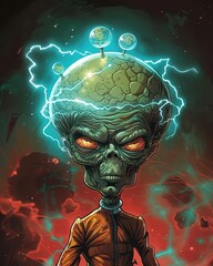 Wall Mural - a cartoon alien with a brain on his head