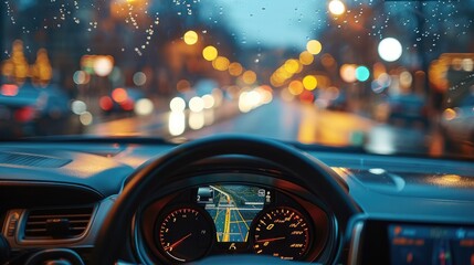 Poster - Close-up of mobile navigation in the car, showing weak signal, soft lighting. Generative AI.