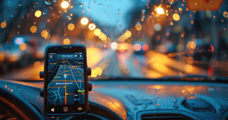 Poster - Close-up of mobile navigation in the car, showing weak signal, soft lighting. Generative AI.