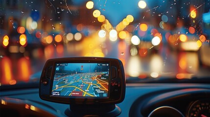 Poster - Close-up of mobile navigation in the car, showing weak signal, soft lighting. Generative AI.