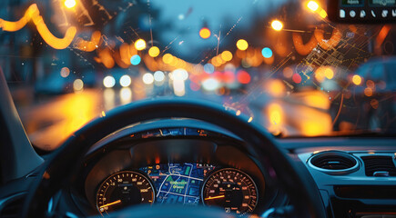 Poster - Close-up of mobile navigation in the car, showing weak signal, soft lighting. Generative AI.