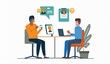 © SKIMP Art - illustration shows two people talking over the phone One person holds an AI card with speech bubbles and question marks while sitting in front of a laptop screen Generative AI