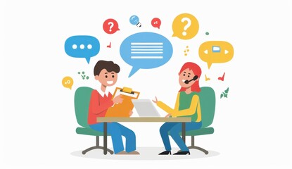 Wall Mural - illustration of two people talking to each other over the phone, one person is holding out their clipboard with question marks on it and another sitting at an office desk Generative AI