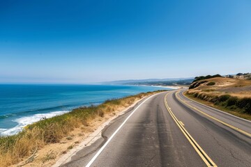 Peaceful road trip along a coastal highway, panoramic ocean views and tranquil beaches