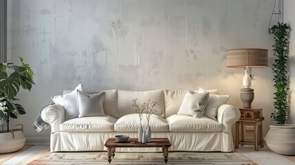 Wall Mural - Living room interior background in farmhouse style, Generative Ai.