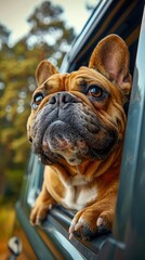 Poster - a dog sticking its head out of a car window