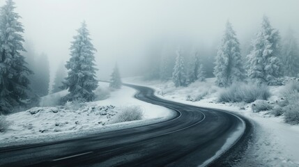 Sticker - A winding road curves through a snowy forest, enveloped in fog. Tall trees and bushes are covered in a thick layer of snow.