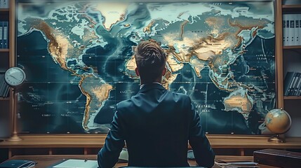 Fototapete - A modern world map a lot of marked line routs. a businessman is observing the map in his office. Generative AI.
