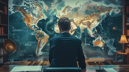 Fototapete - A modern world map a lot of marked line routs. a businessman is observing the map in his office. Generative AI.