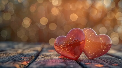 Poster - A charming 3D scene of two polished hearts, one red and one pink, on a rustic wooden table. The background is beautifully blurred with warm, soft tones. Generative AI.