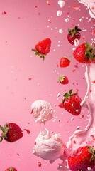 Wall Mural - a strawberry and ice cream dessert being dropped into a bowl