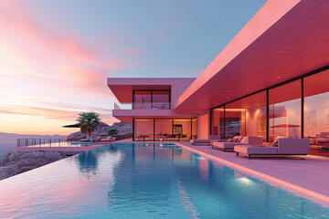 Exterior photo of modern and luxury minimalist cubic villa with big outdoor swimming pool with sea view in background