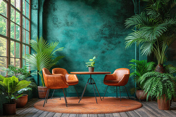 Orange leather chairs at a round dining table against a green wall with copy space for text, banner concept