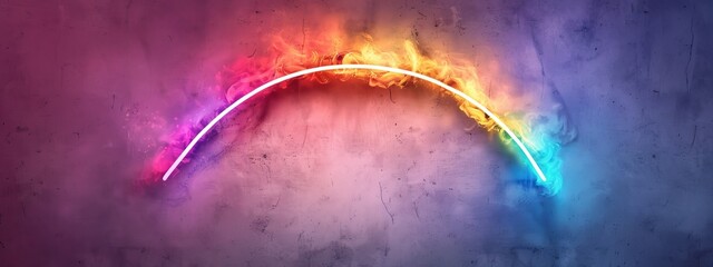 Wall Mural -  A rainbow-hued arch of fire contrasts against a backdrop of blue, pink, and purple It concludes with a luminous, white streak