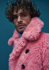 Wall Mural - A man in a pink coat with glasses and curly hair. AI.