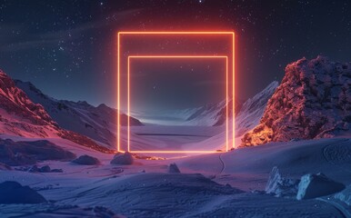 Wall Mural - A neon  in the middle of a snowy mountain. AI.