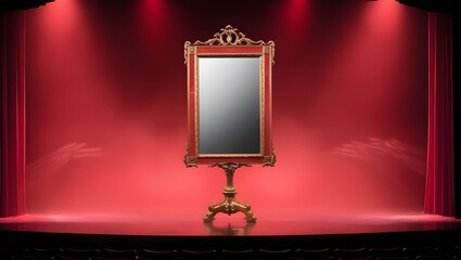 The theater stage was shrouded in pure red mist, mockup picture frame was in the center of the stage, isolated.