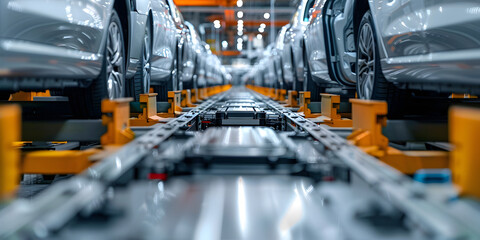 Wall Mural - electric vehicle battery cell assembly line in automated factory a closeup view. concept electric ve