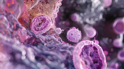 Wall Mural - A crosssection view of a tissue sample after receiving stem cell therapy showcasing the newly formed tissue and its integration with surrounding cells.