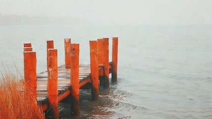 Poster -   Dock in middle of body of water with tall grass in foreground and fog in background