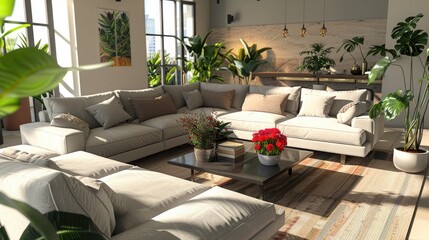 Modern living room with two sectional couches, a minimalist coffee table, and a mix of potted flowers and plants adding a natural touch.