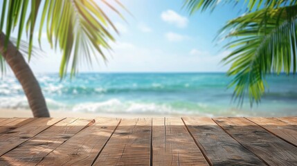 Wall Mural - Wooden deck overlooking a tropical beach with palm trees, clear blue water, and a sunny sky in the background.