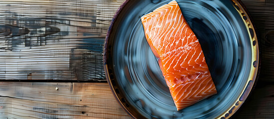 Wall Mural - Top view of a cooked salmon fillet on a plate against a wooden background with copy space image.