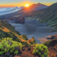 Poster - Vibrant sunrise over a serene volcanic landscape with lush greenery and dramatic shadows, showcasing nature's unparalleled beauty