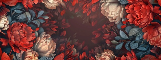 Wall Mural - A red and blue flowery background with a white flower in the center