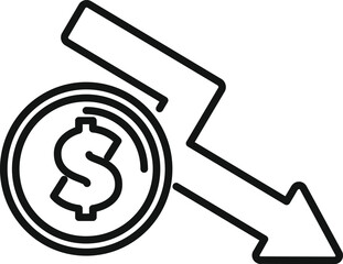 Wall Mural - thick arrow is pointing down next to a dollar coin, representing devaluation or inflation