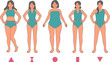 © Valery - Anatomy woman body types and different species figures that affect size of breasts and hips or waist. Options of women dressed in swimsuits, for concept importance of individuality and body positivity