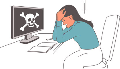 Woman victim of hacker attack is upset because computer was hacked sitting near coin with pirate flag. Girl suffered from actions of hackers who stole sensitive data from cloud storage