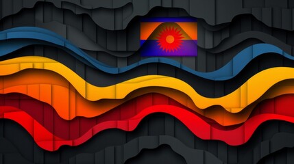 Wall Mural - digital illustration featuring a modern black background with colorful waves in the colors of the Namibian flag.