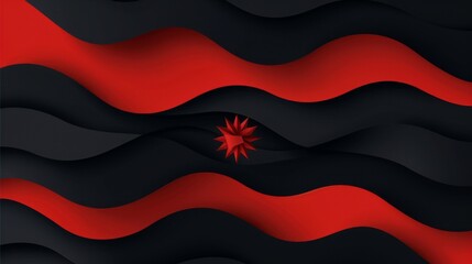 Wall Mural - Red and black wavy paper mockups with a red star in the center.