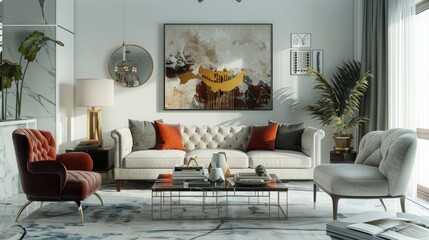 Wall Mural - Step into a contemporary modern home background adorned with stylish interior design touches, including minimalist furniture, organic textures, and understated elegance.