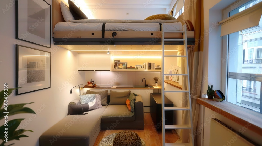 Step into a modern compact loft studio where functionality meets style ...