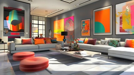 Wall Mural - Step into a modern living room adorned with stylish interior design touches, including sleek furnishings, vibrant accents, and contemporary artwork.