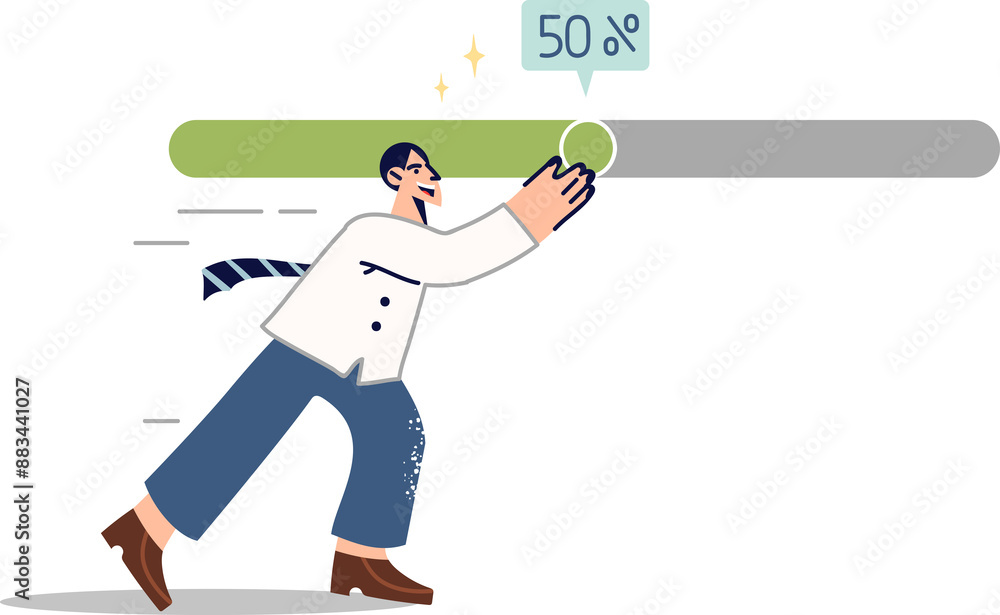 Business man moves progress bar tracking compliance with deadlines and amount of work done. Company manager uses progress bar to visually present efficiency of corporate employees.