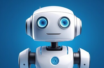 Cheerful funny cartoon children's robot. Cute cyborg, futuristic modern bot, android, smiling character in 3d illustration isolated on blue background. Science technology concept