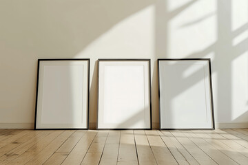 Set of 3 Empty Poster Mock-ups Templates on Floor in Sunlit Room with Wooden Flooring